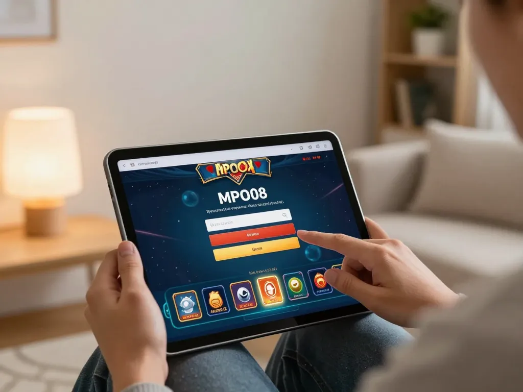 MPO08 Login 778 screen showing interactive online casino gameplay in a cozy home setting.