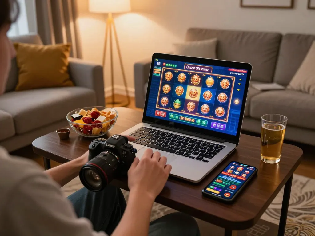 Player enjoying online slots on a laptop at home, showcasing 58wiin for an engaging gaming experience.