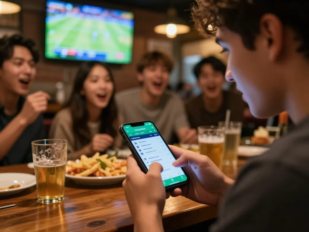 Engaging with kèo nhà cái hôm nay while friends cheer for the game at a lively sports bar.
