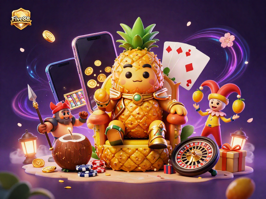 Experience Five88's vibrant casino scene with a golden pineapple king and thrilling game elements.