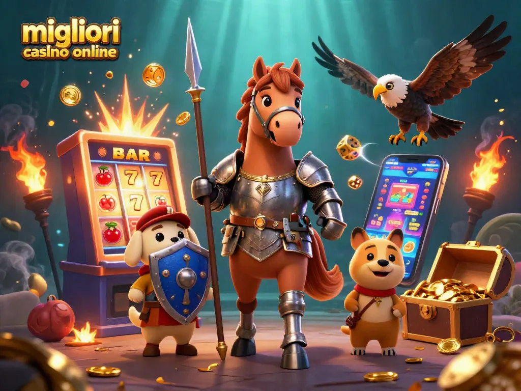 Scopri i migliori casino online mentre il cavaliere medievale e il cucciolo sventolano simboli positivi del gioco.