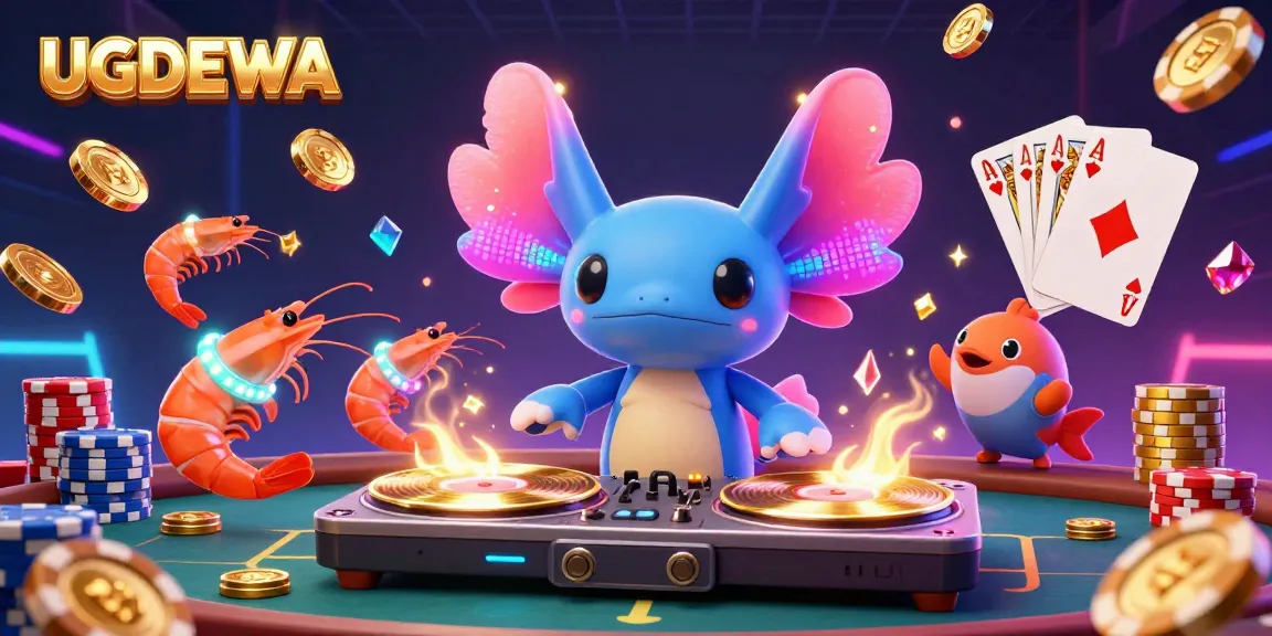 Join UGDEWA for vibrant casino fun with a dynamic DJ axolotl, shrimp dancers, and golden rewards.