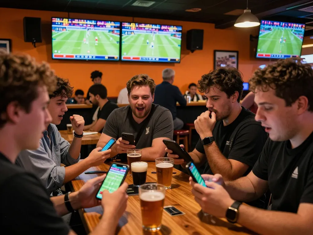 Place your bets on LGO GOAL as fans engage in sports betting at a lively sports bar.