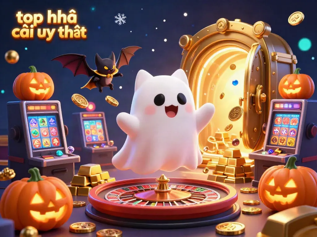 Experience the thrill of top nhà cái uy tín with a mystical ghost cat navigating vibrant casino elements.