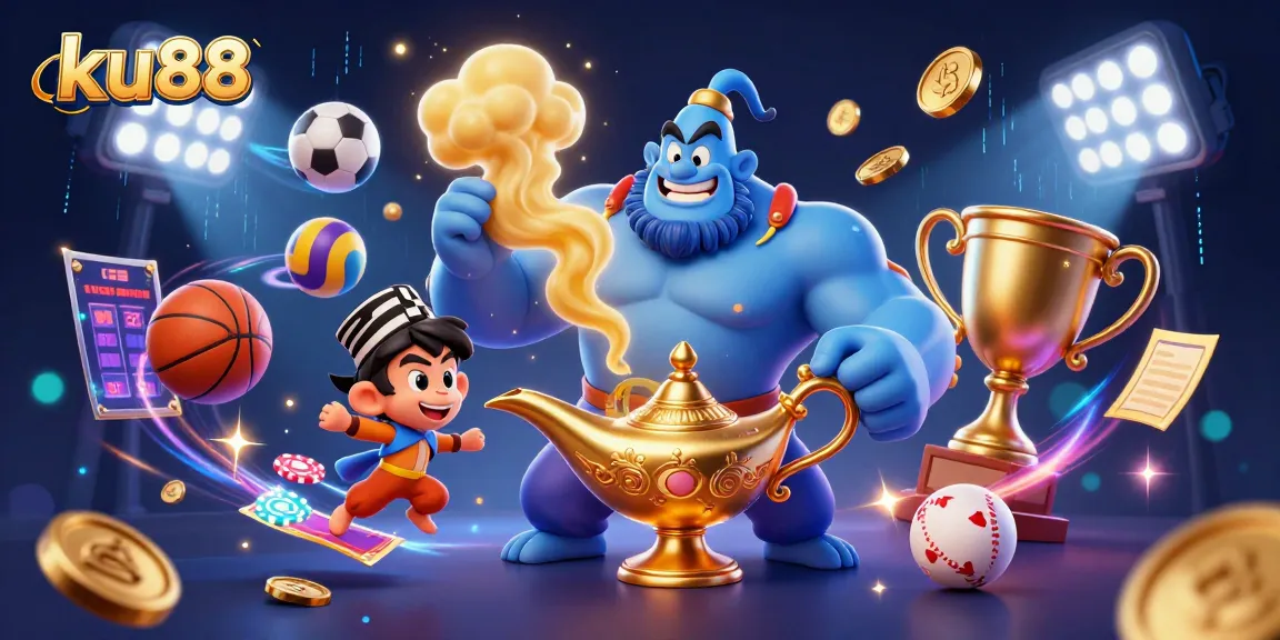Experience the thrill of the ku88 casino with a vibrant 3D cartoon illustration of a genie, monkey, and poker chips.