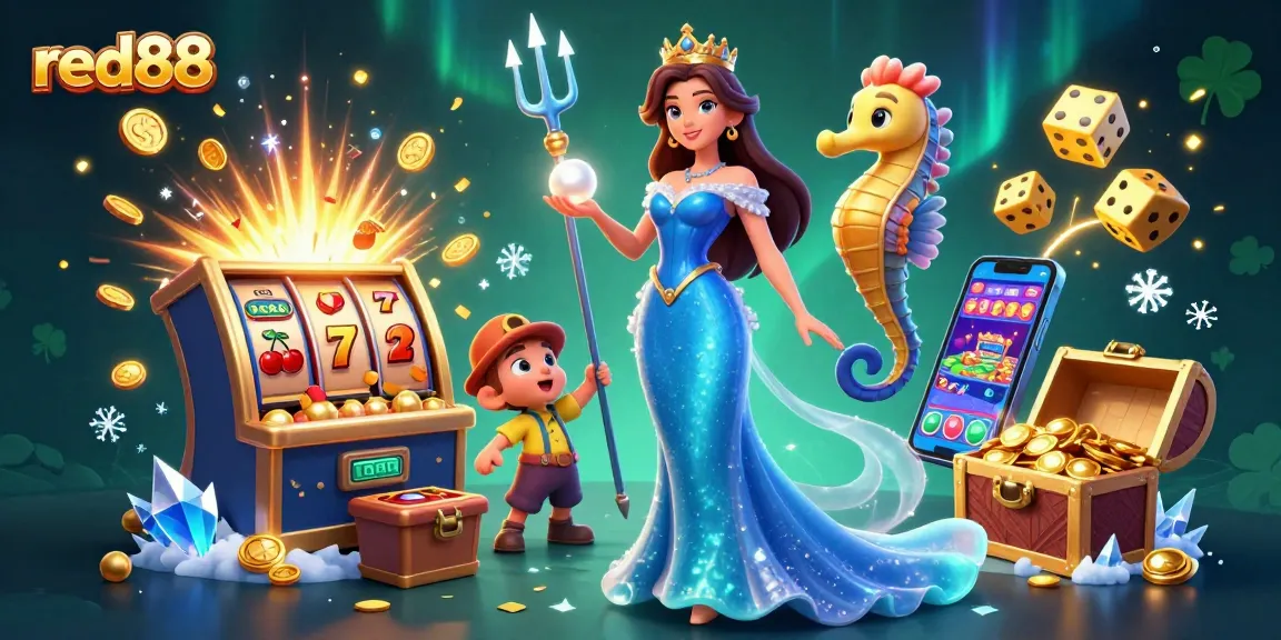 Engage with red88's exciting slots and treasures in a vibrant casino adventure illustration.