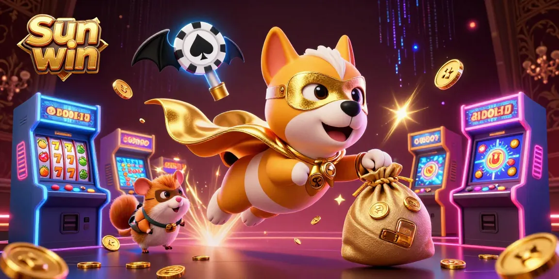 Engage in thrilling gameplay with Sun win's vibrant casino scene featuring a superhero dog and arcade elements.
