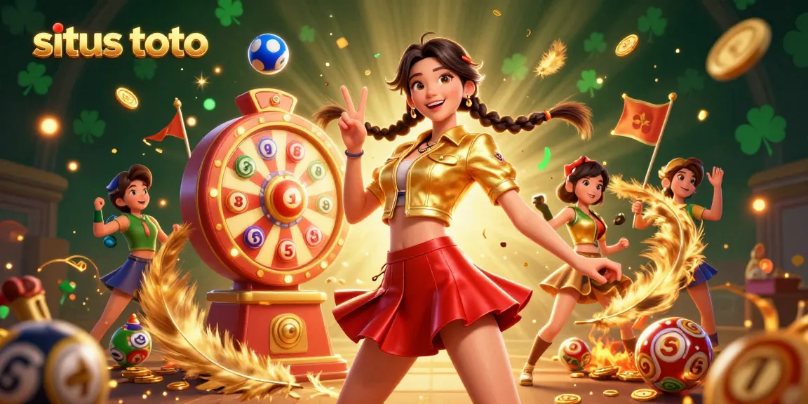 Play a vibrant situs toto lottery game with a joyful Asian woman celebrating amidst colorful, dynamic elements.
