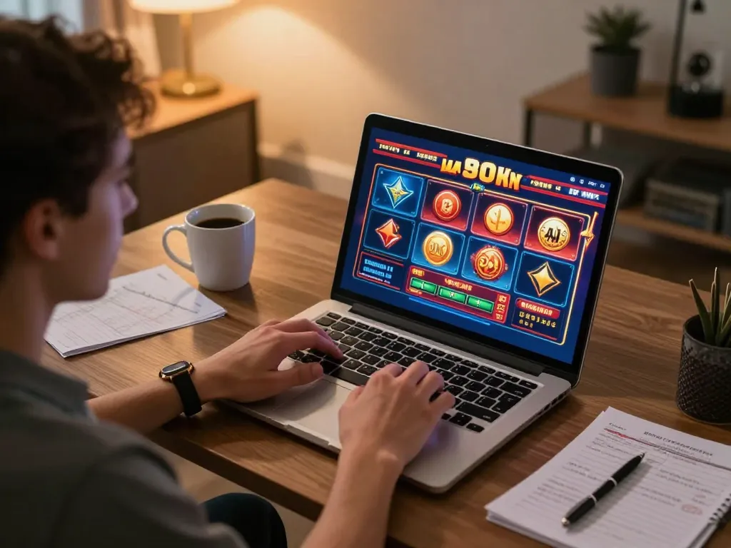 Engaged user playing jun88 online slots on a laptop, showcasing a dynamic home gaming environment.