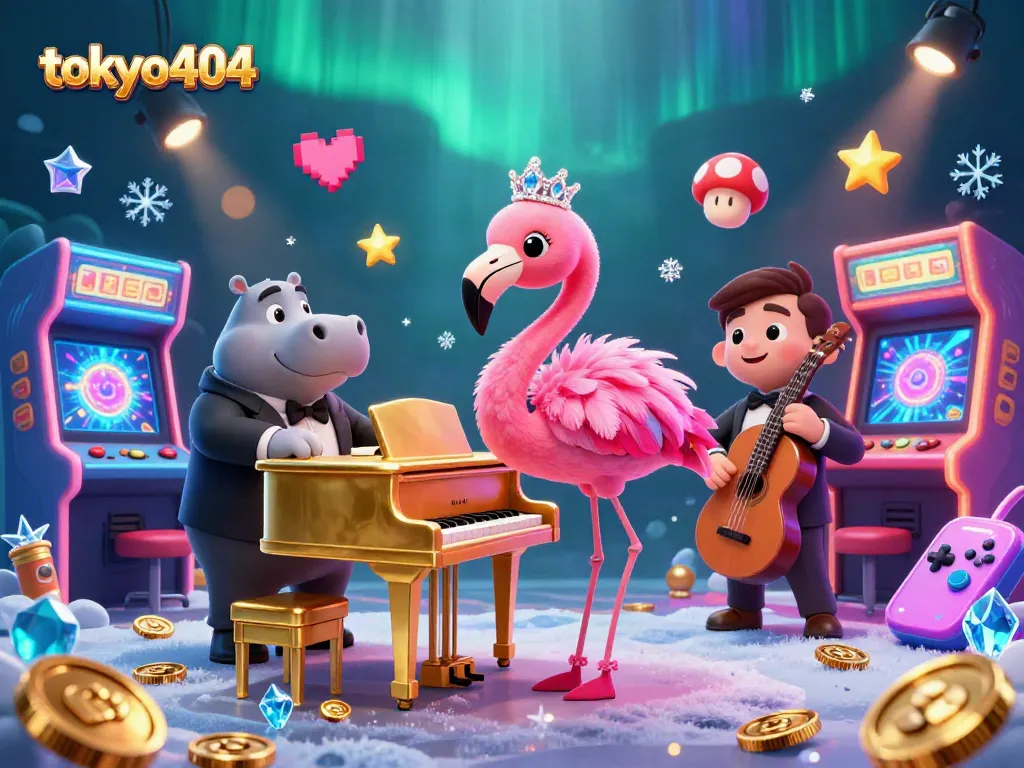 Engage with tokyo404 at this vibrant casino scene featuring animated characters and gaming elements.