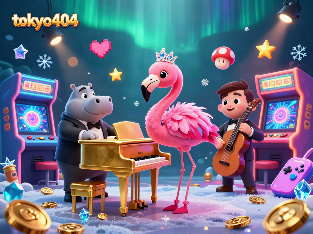 Engage with tokyo404 at this vibrant casino scene featuring animated characters and gaming elements.