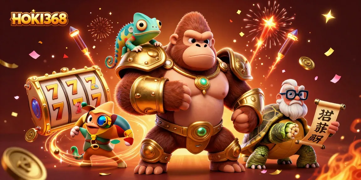 Experience HOKI368 with exciting slot reels and dynamic characters in a vibrant casino setting.