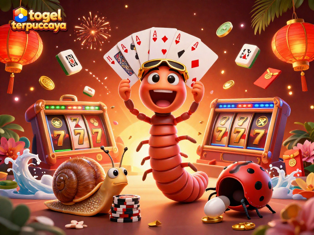 Experience vibrant action with togel terpercaya as a cartoon millipede dealer holds cards amidst spinning slot reels and gold coins.