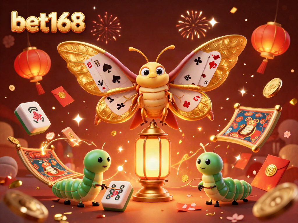Experience the world of gaming with bet168's vibrant casino atmosphere featuring golden moths and dynamic elements.
