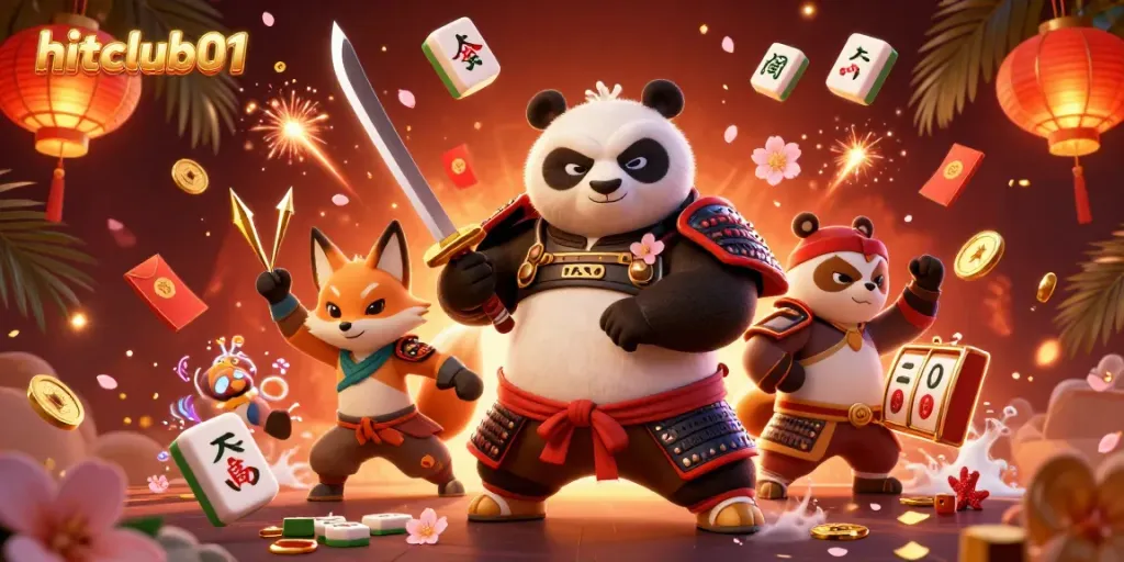 Experience the thrill of hitclub01 with a dynamic 3D cartoon illustration showcasing samurai panda and gambling elements.