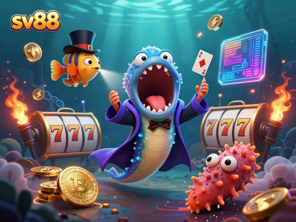 Engage with sv88's thrilling magic act featuring an eel and anglerfish surrounded by vibrant slot elements.
