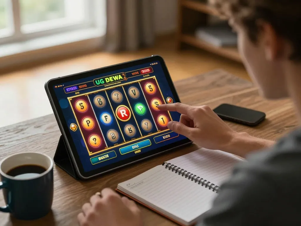 Engaging in high-stakes play on UG DEWA's colorful slot game interface from a cozy living room.