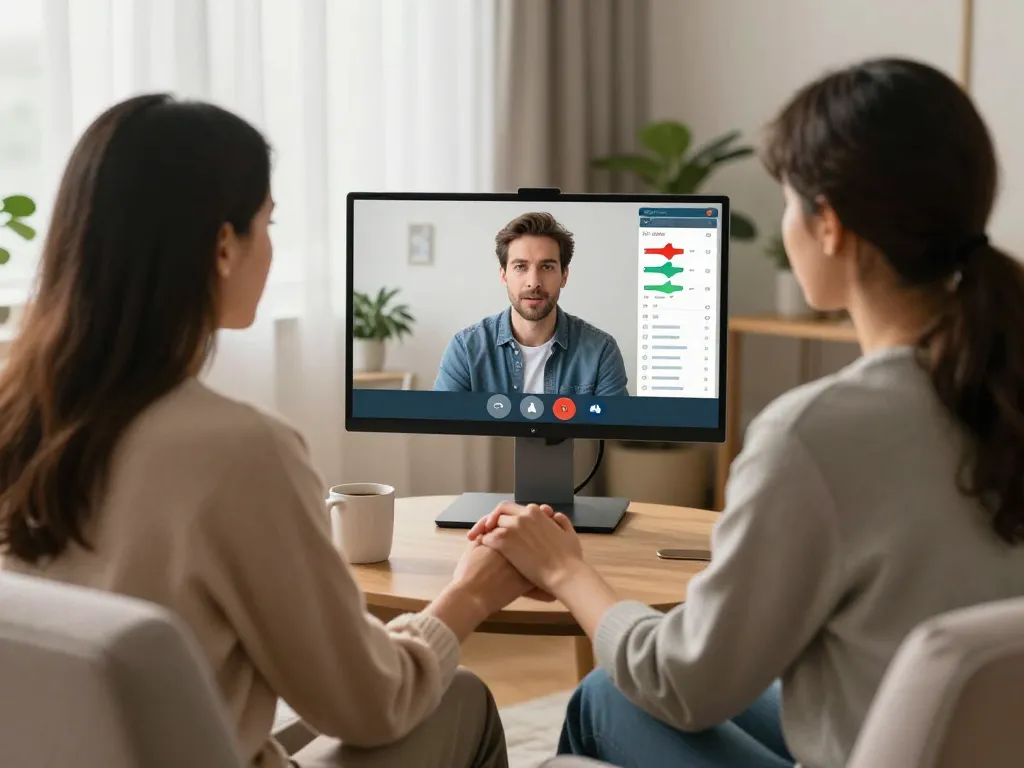 Couple engaging in virtual therapy session exploring ai sex dynamics for relationship improvement.