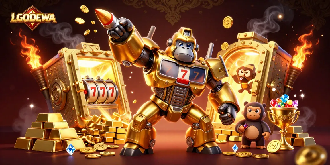 Experience thrilling wins with LGODEWA's dynamic golden gorilla mech in a vibrant casino environment.
