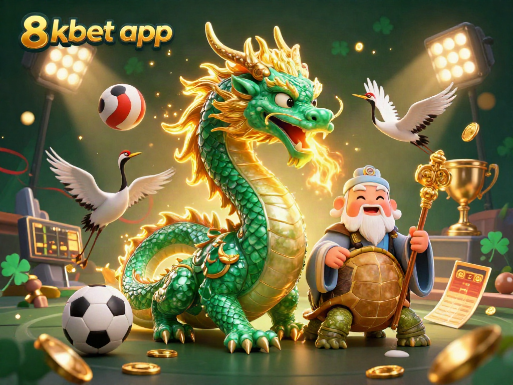 Experience the thrilling 8xbet app with engaging visuals of a dragon, sage, and lucky cranes amidst sports elements.