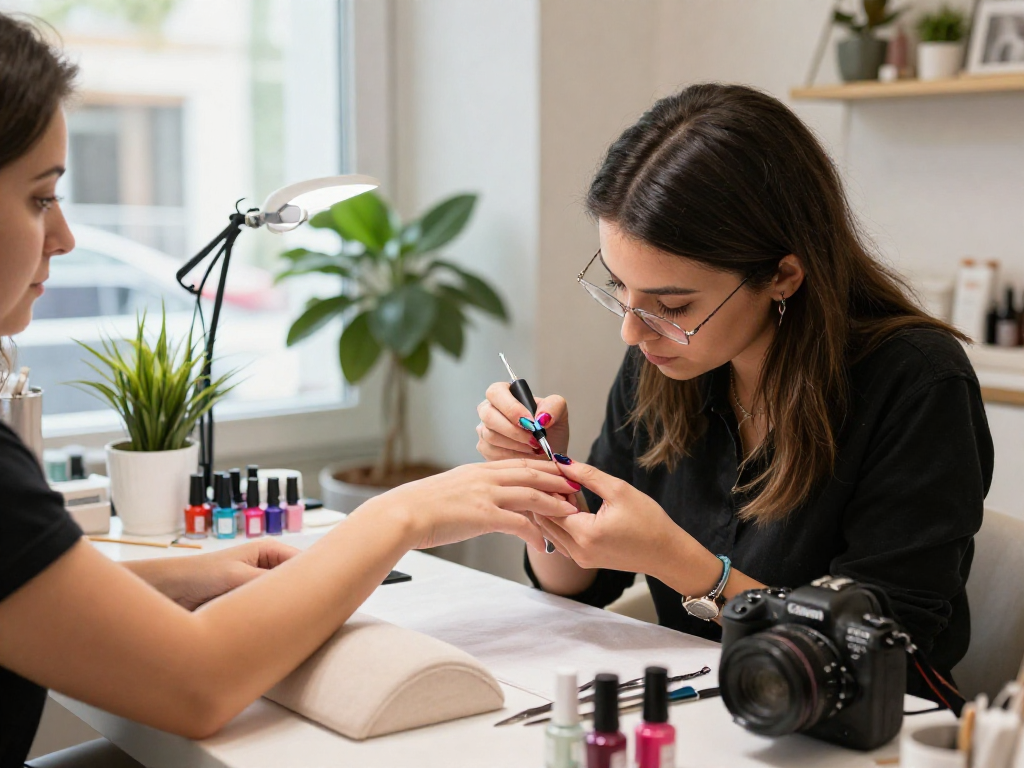 İzmir nail art uygulaması yapılan modern bir tırnak salonu sahnesi.
