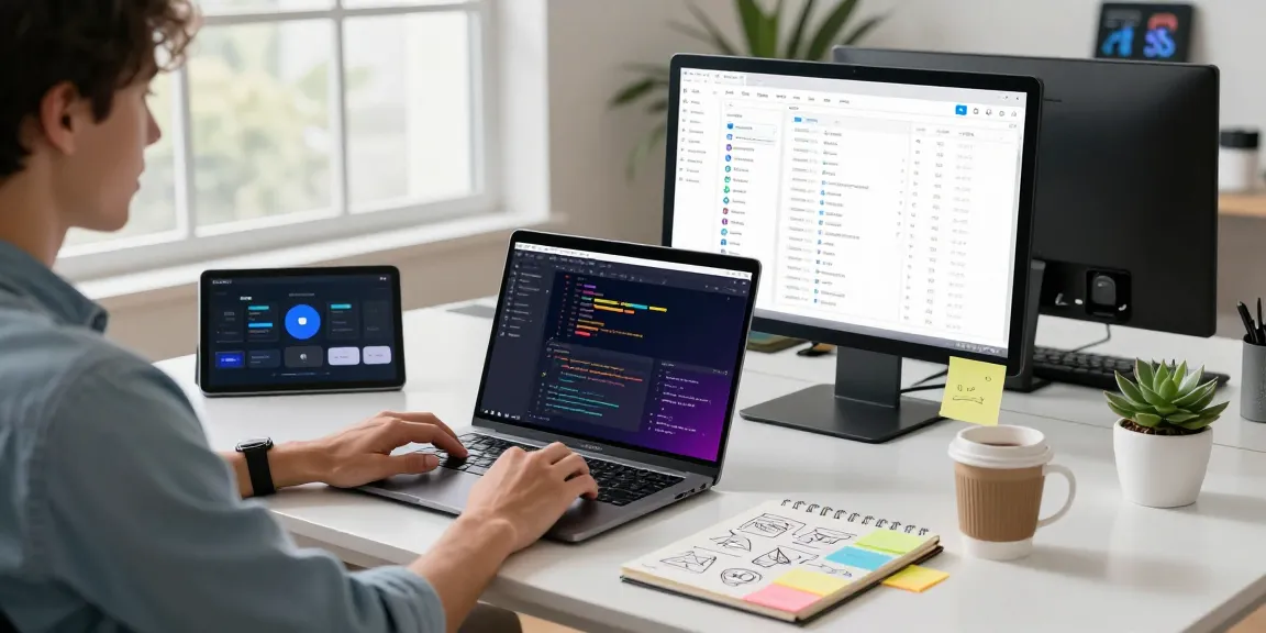 Build internal tools with AI in a modern workspace, showcasing a developer at work with vibrant screens and inspiring elements.