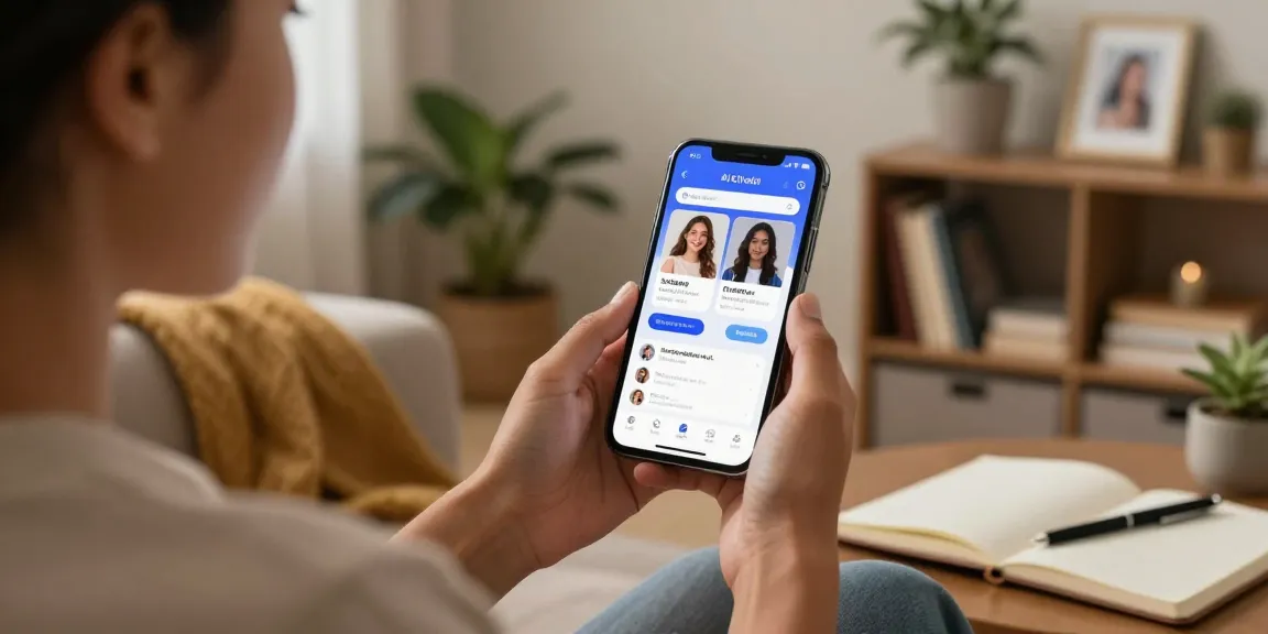 Engaged user interacting with an AI gf app in a cozy living room, showcasing personalized virtual avatars.