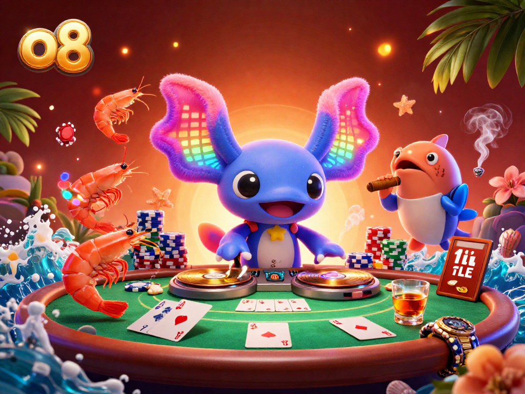 Experience vibrant gaming at o8 while joining a neon axolotl DJ alongside shrimp dancers and poker chips.