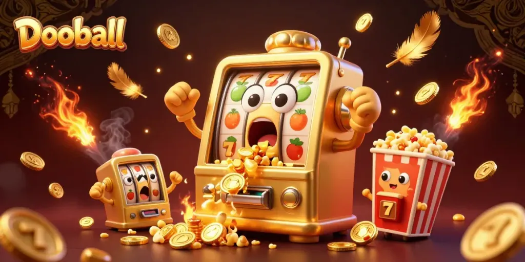 Dooball slot machine hits jackpot, shining coins flying, vibrant casino atmosphere.