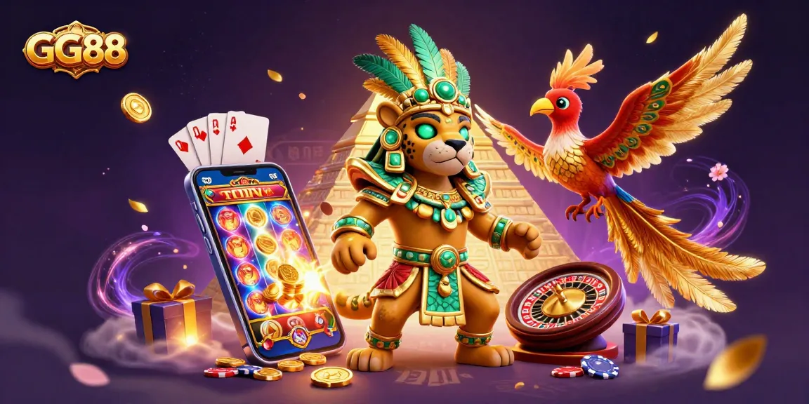 Experience the thrill of GG88 with dynamic games, golden symbols, and vibrant casino elements showcasing excitement.
