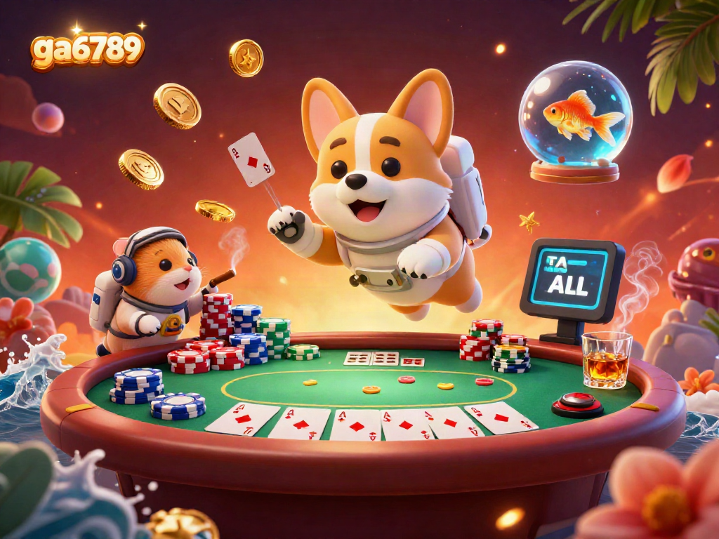 Experience dynamic gaming with ga6789 as a corgi astronaut floats in a vibrant space casino.