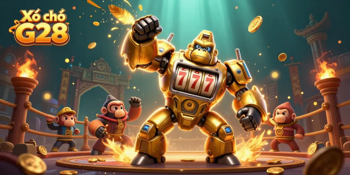 Experience exciting gameplay with Xổ số G28, featuring a golden gorilla mech and vibrant casino elements.