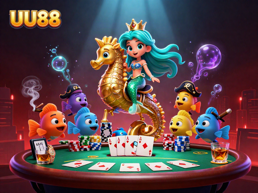 Engage in exciting gameplay with UU88's vibrant 3D casino illustration depicting a mermaid prince and dynamic poker scene.