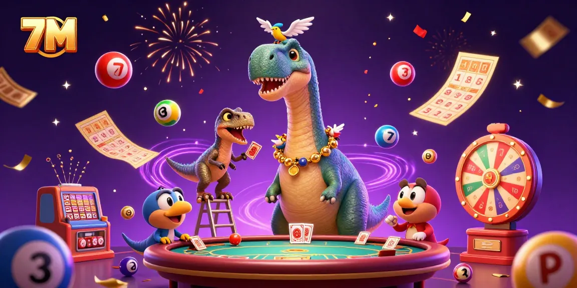 Experience the excitement of 7M with a vibrant 3D casino scene featuring a giant dinosaur interacting with a raptor dealer.