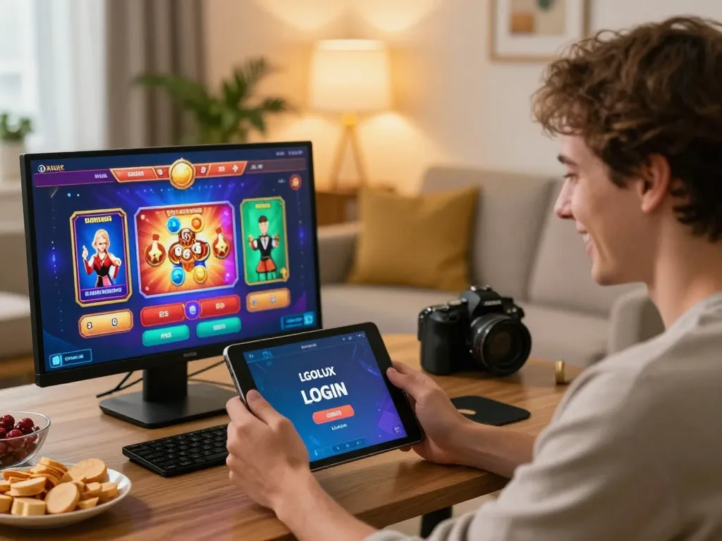 Engaging in LGOLUX LOGIN for exciting online gaming session with vibrant tablet interface