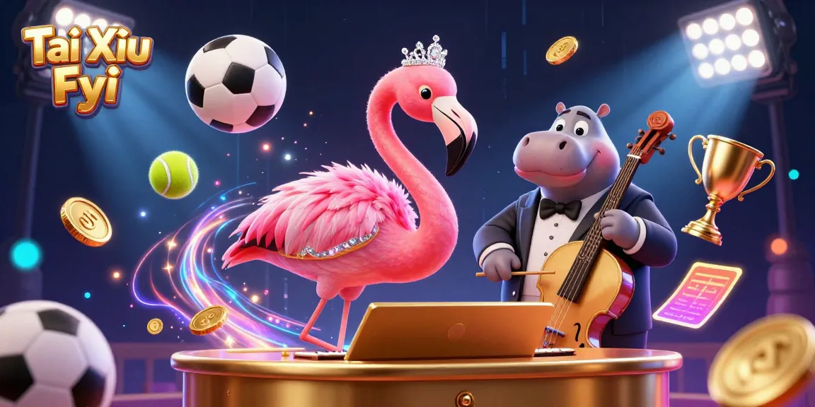 Engaging scene of Tài Xỉu Fyi featuring a flamingo singer and hippo bassist in a lively casino