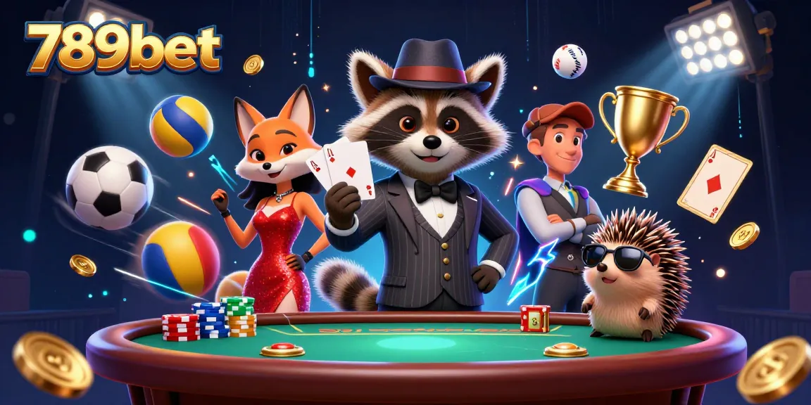 Experience thrilling action at 789bet with a raccoon showcasing a royal flush amidst dynamic casino elements.