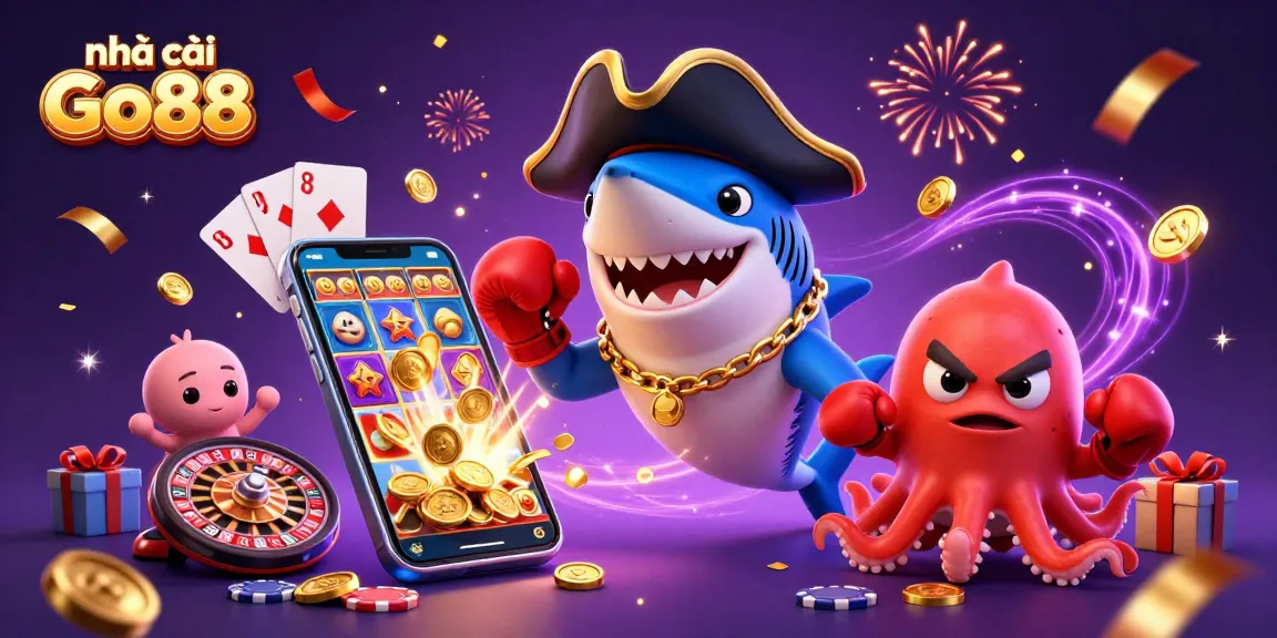 Engage with nhà cái Go88 featuring a pirate shark, pufferfish, and octopus in a festive casino scene