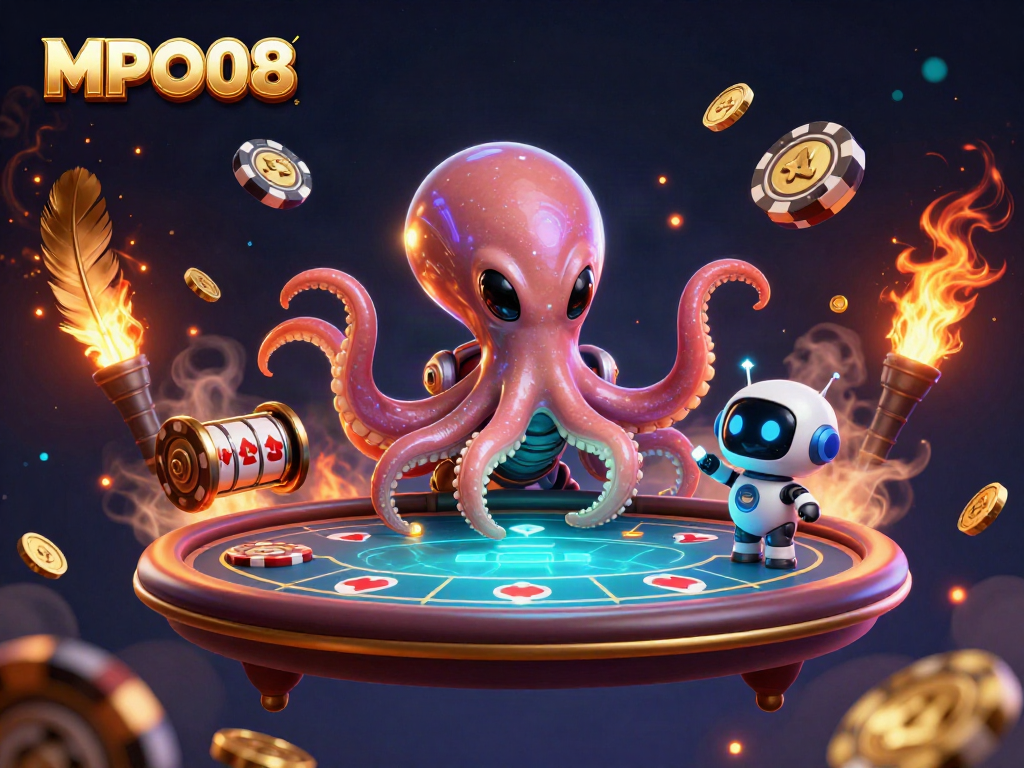 Experience the thrill at MPO08 with an alien octopus at a holographic poker table amidst vibrant casino elements.