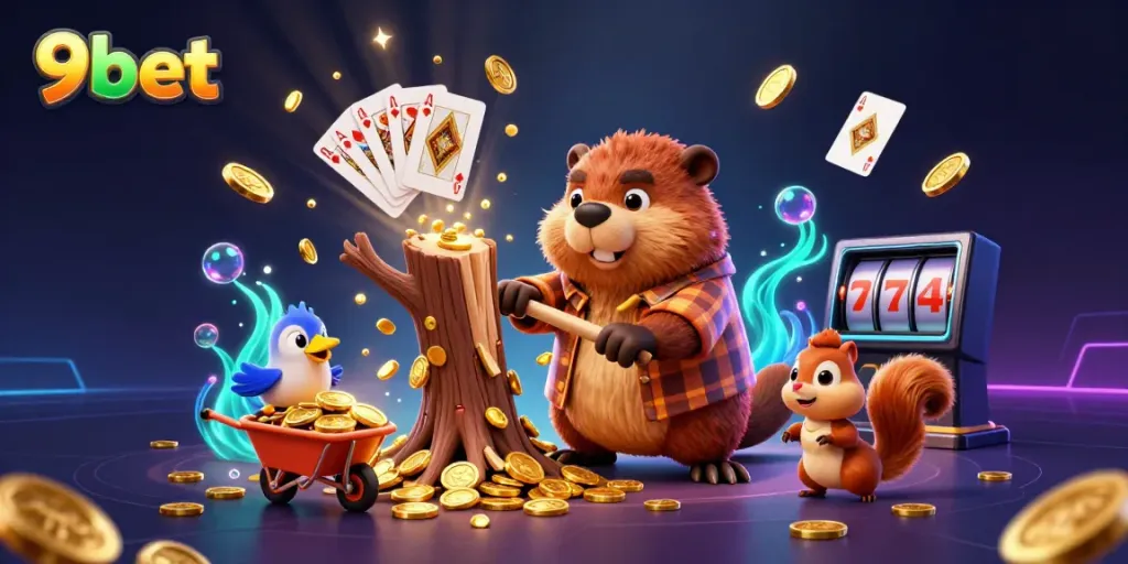 Experience exciting gameplay at 9bet with a charming beaver collecting golden coins in a vibrant 3D scene.