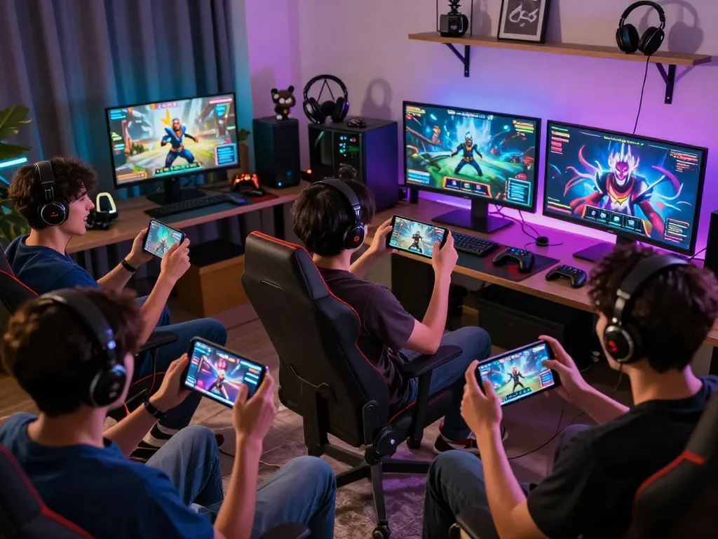 Engaged players enjoying autowin88 online gaming experience with vibrant screens and gaming gear.