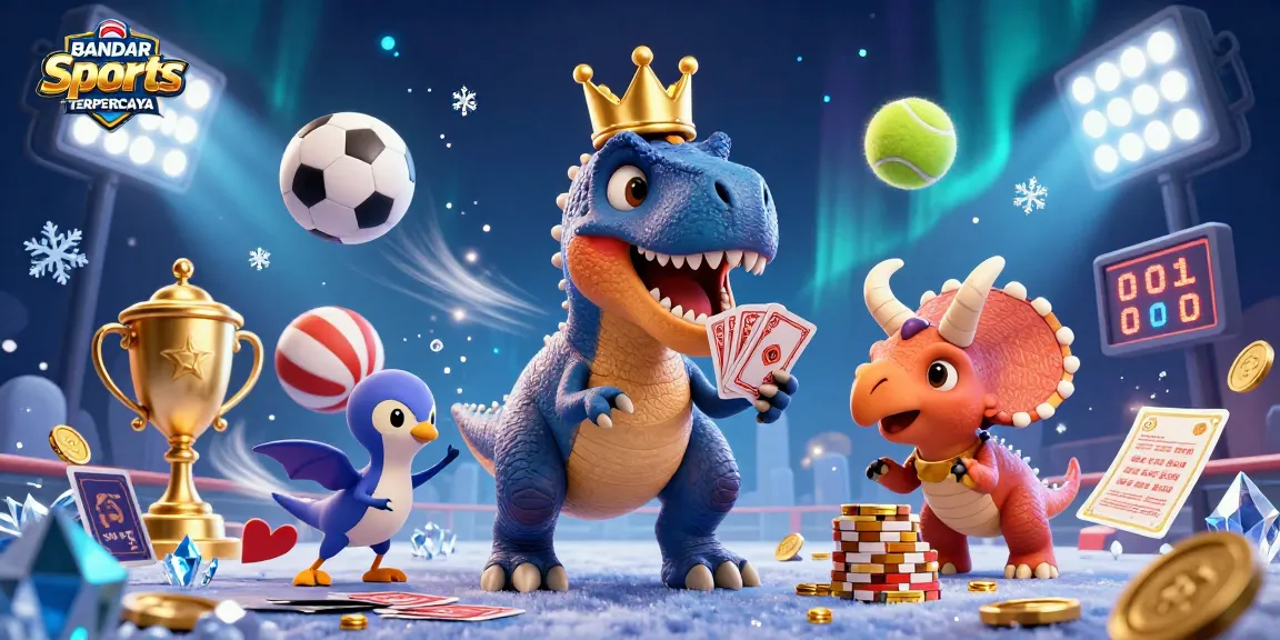 BANDAR Sports TERPERCAYA offers dynamic sports betting action with a cartoon T-Rex, a helpful pterodactyl, and a baby triceratops.