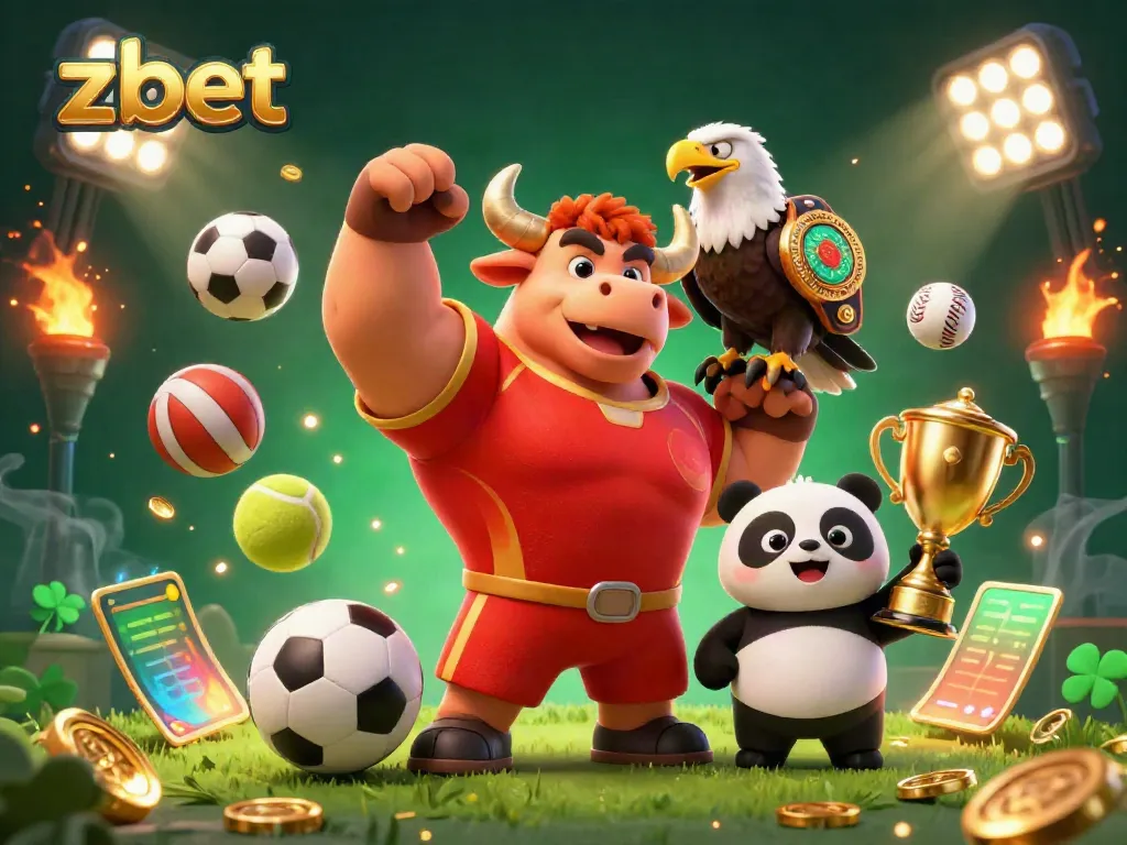 Experience thrilling gaming with zbet showcased by a triumphant bull, eagle, and panda in an energetic 3D illustration.