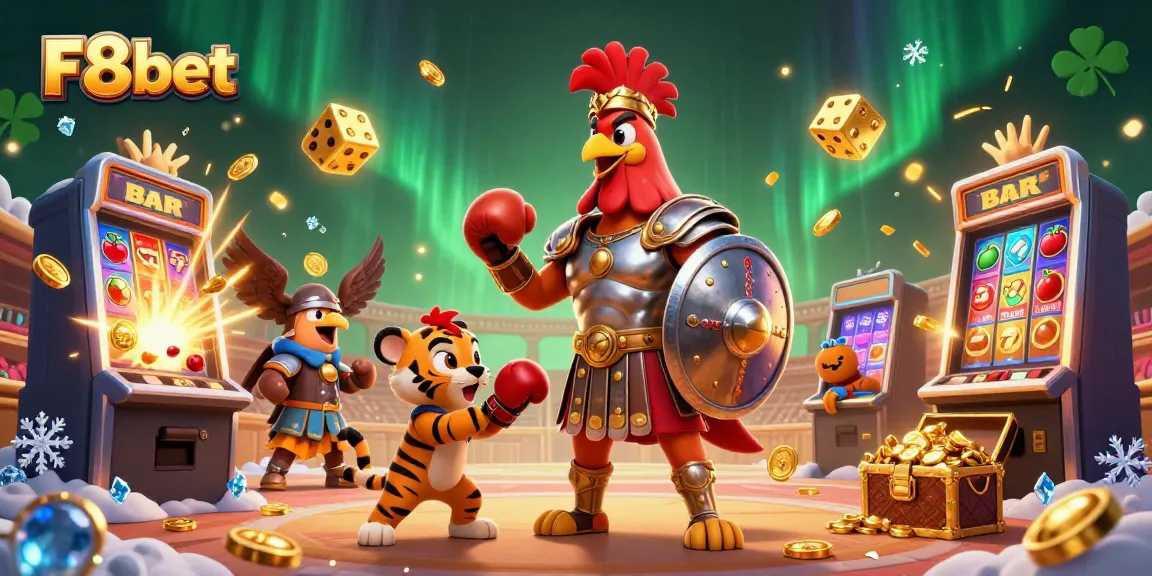 Experience thrilling gameplay at F8bet with a dynamic illustration of a rooster, tiger cub, and eagle in a vibrant casino setting.