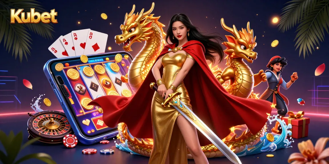 Kubet showcases a stunning warrior queen in a casino scene with vibrant games and golden elements, representing thrilling betting action.