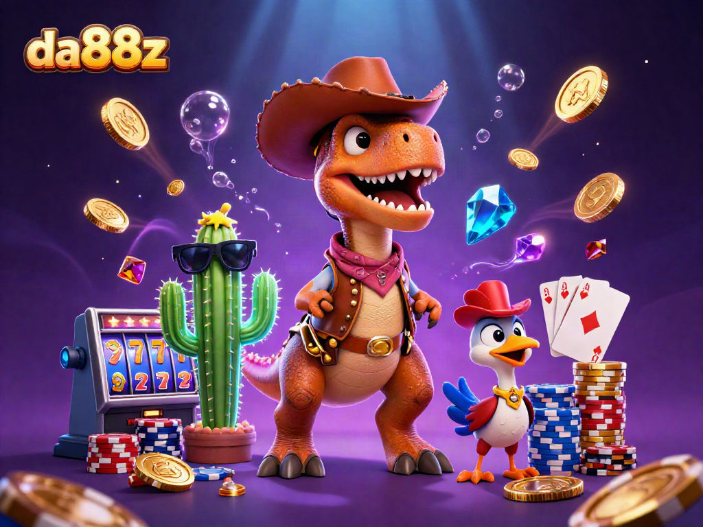 Experience exciting slot games at da88z with a vibrant 3D cartoon scene featuring engaging casino elements.