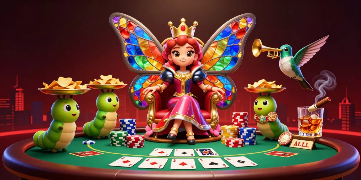 Experience the excitement of pohon 4d with a vibrant casino illustration featuring a butterfly queen surrounded by poker elements.