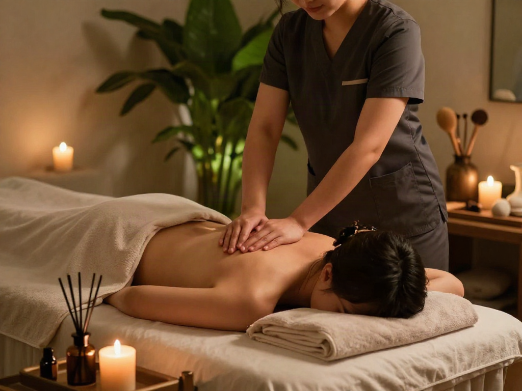 Experience 하남출장마사지 in a soothing home wellness environment with calming lights and aromatic elements.