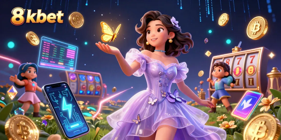 Experience casino excitement with 8xbet's vibrant 3D digital illustration, featuring stunning characters and gaming elements.