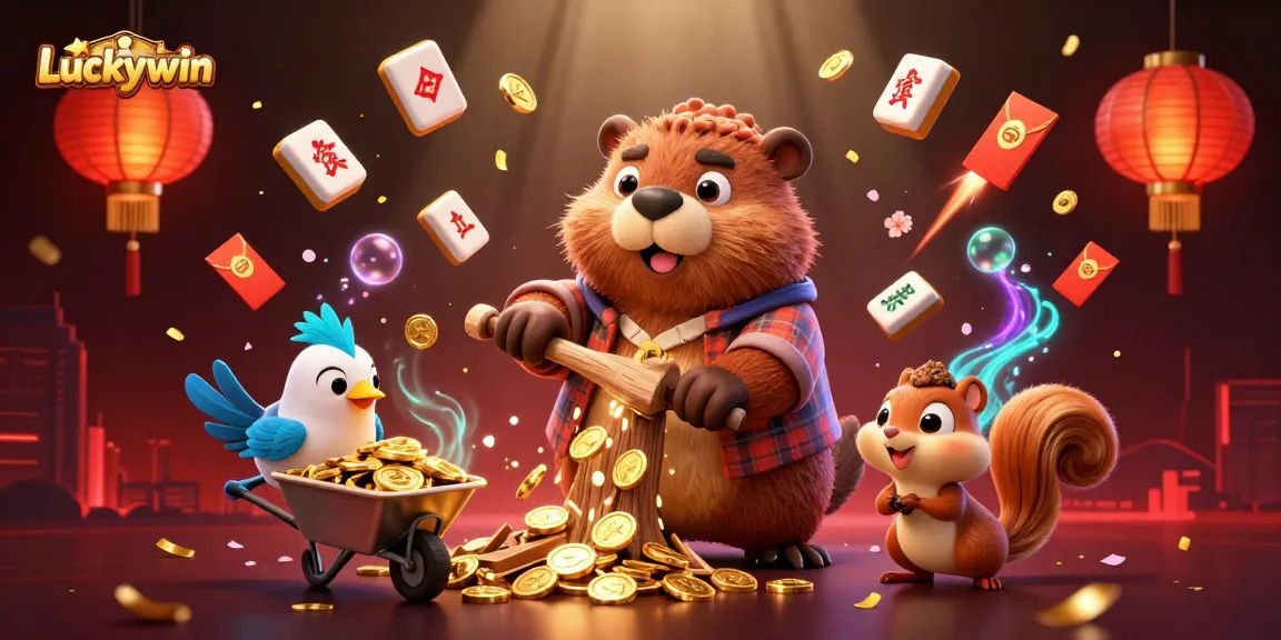 Engage the gaming adventure with Luckywin as a beaver collects gold coins amidst vibrant casino elements.